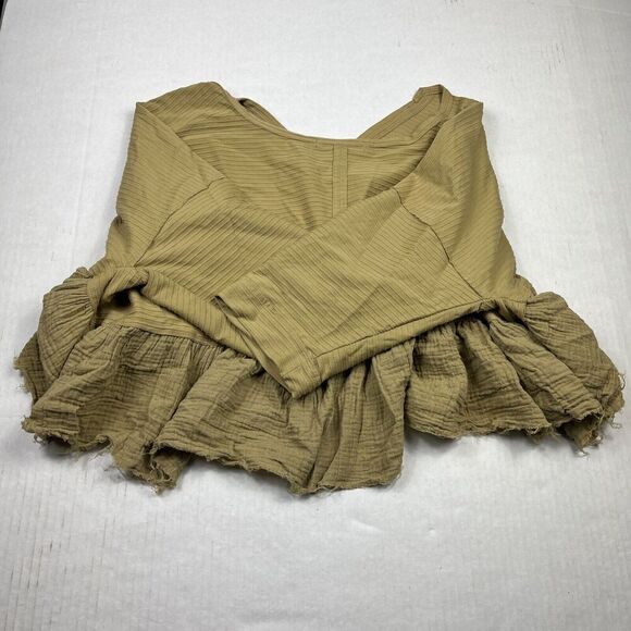 We The Free People Cropped Shirt Green Henley Long Sleeve Ruffled Boho Top SMALL - Picture 9 of 10